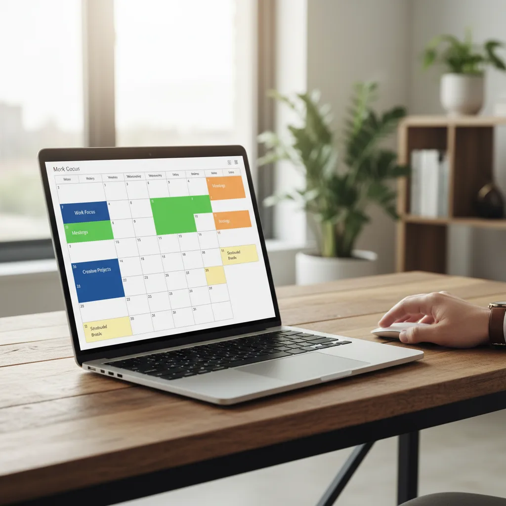 Digital calendar showing time blocks for focused work and breaks.