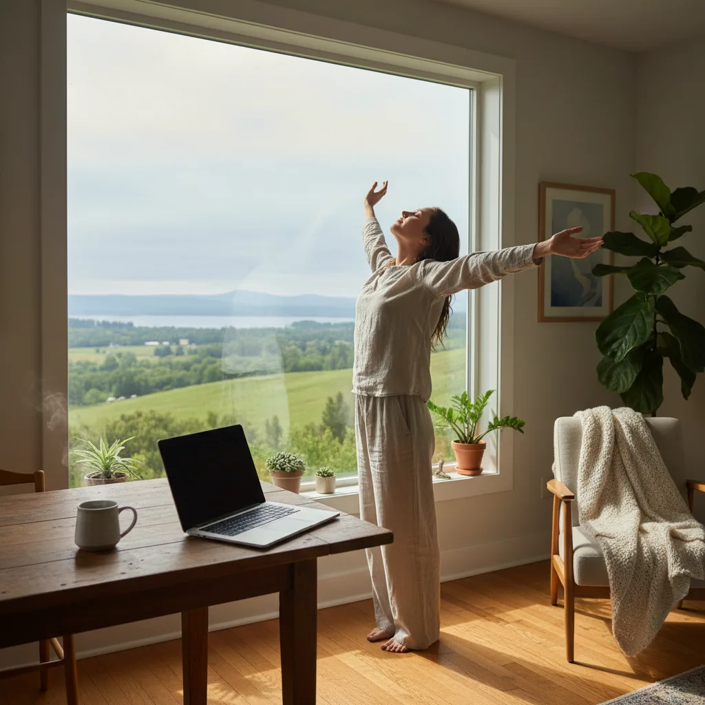 Person stretching by a window during a remote work break.