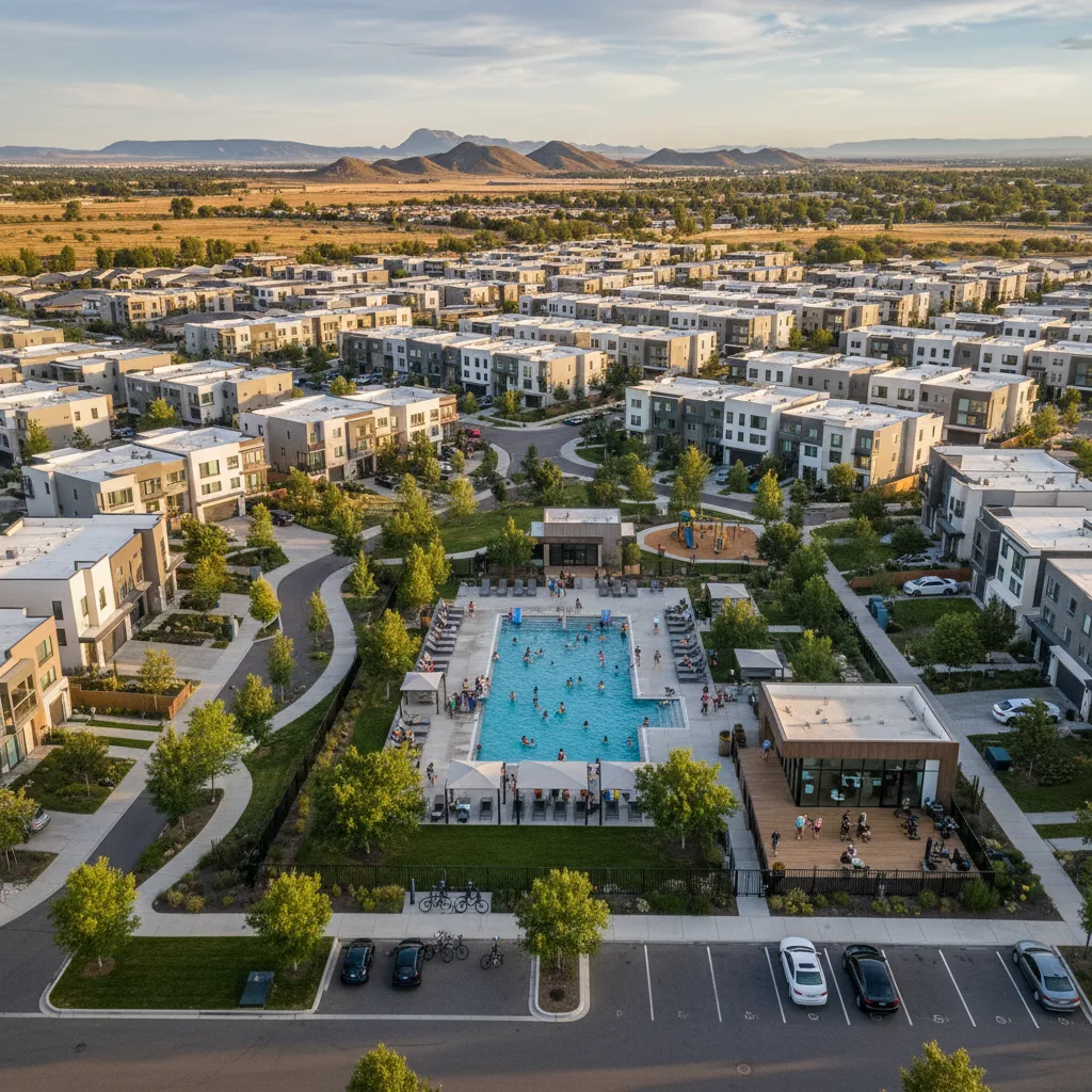 Modern build-to-rent community with diverse housing and amenities.