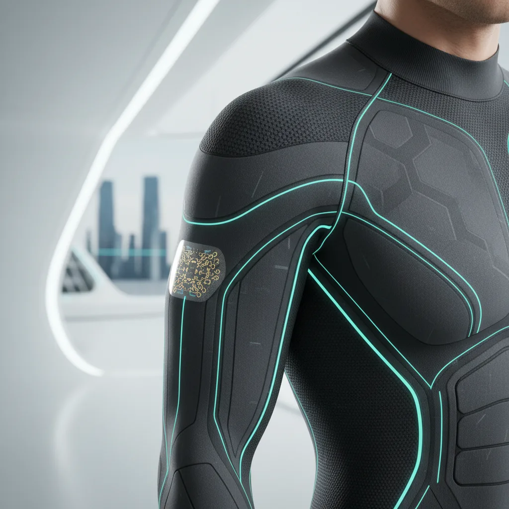 Smart fabric activewear and discreet bio-integrated sensors on skin.