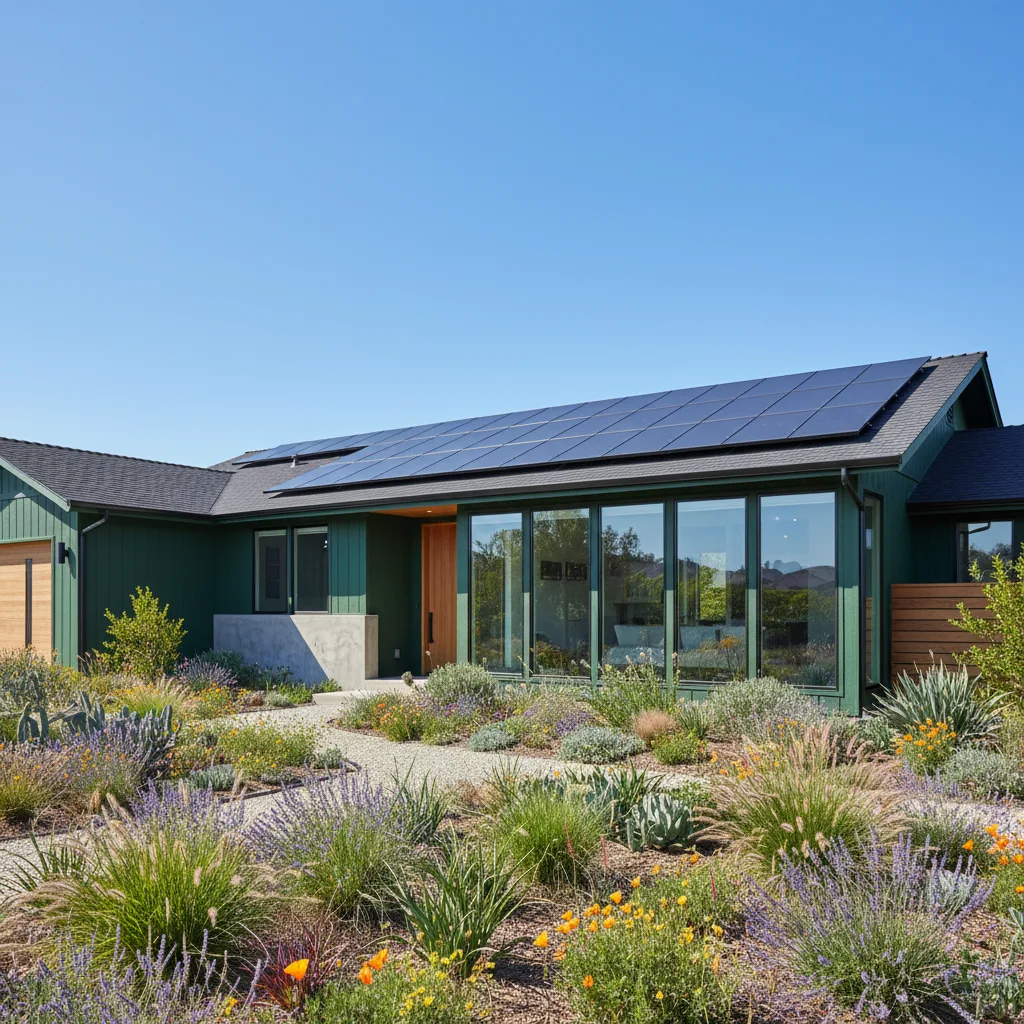 Maison verte moderne avec panneaux solaires et aménagement paysager durable luxuriant.
