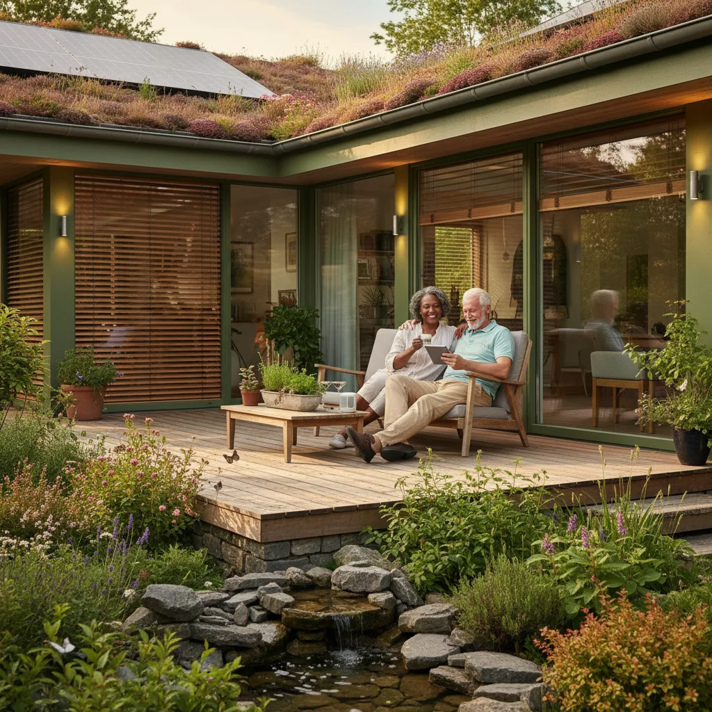 Retraités heureux profitant d'une maison intelligente et verte avec technologie intégrée.