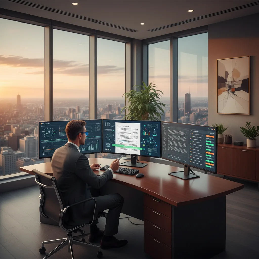 Lawyer uses AI for eDiscovery, reviewing digital documents efficiently.