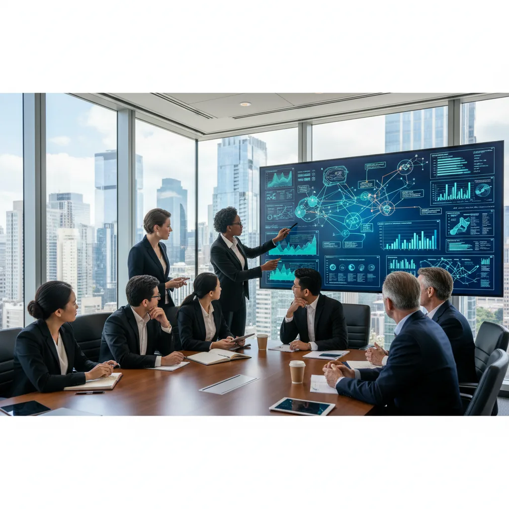 Legal team analyzes AI-driven predictive analytics for strategic decisions.