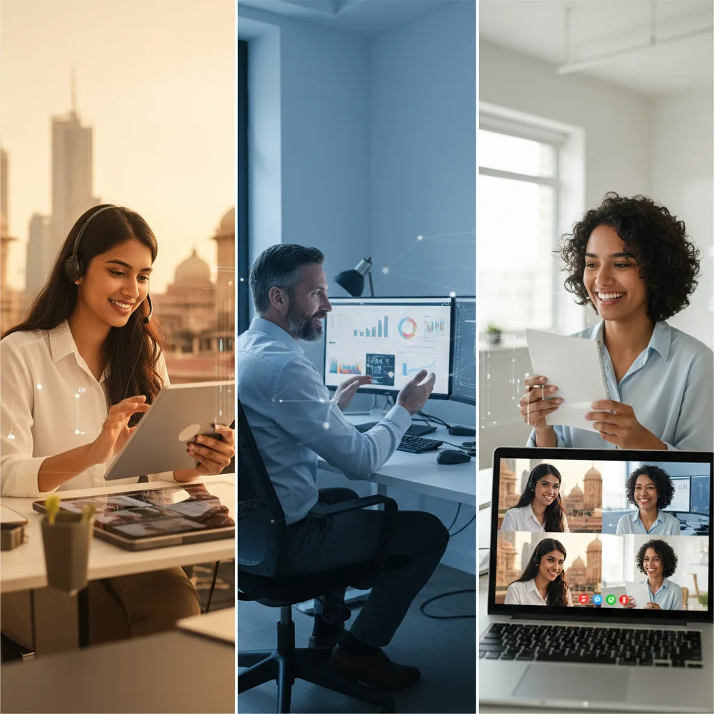 Diverse global team collaborating seamlessly across different time zones.
