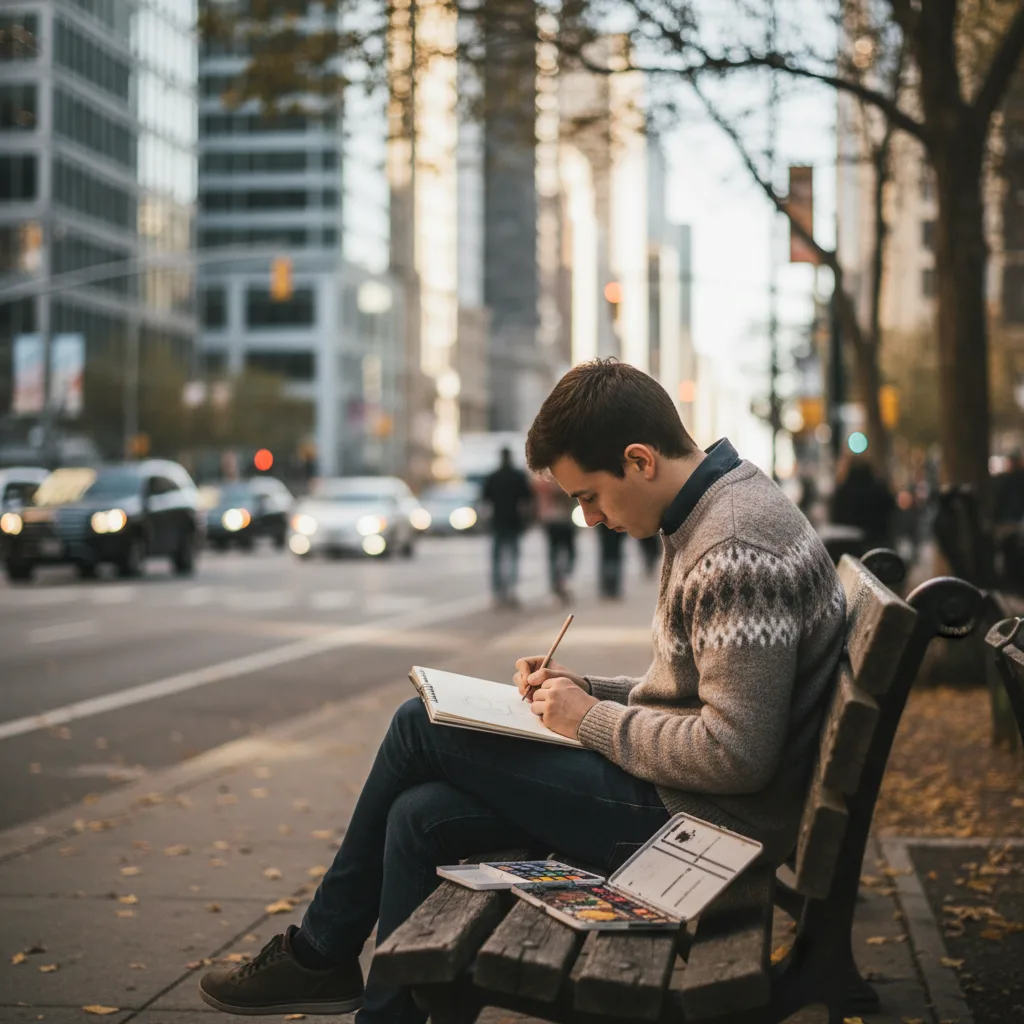 Person finding calm through art amidst modern life.
