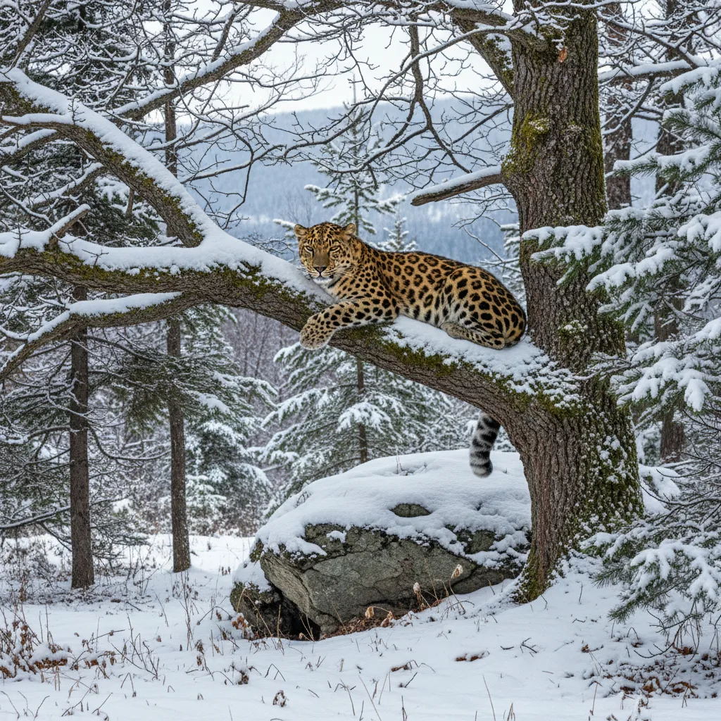 Amur leopard resting in snowy forest, critically endangered.