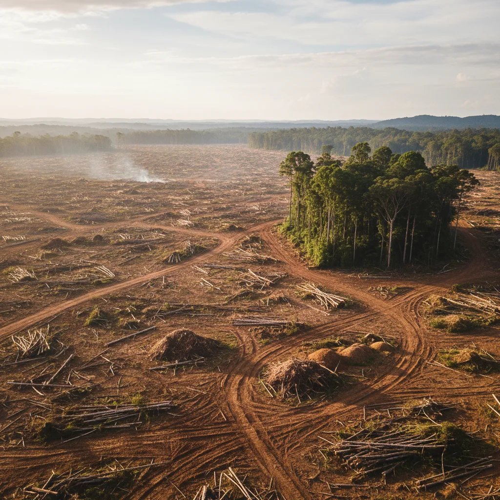 Vast deforested area, felled trees, exposed soil, habitat destruction.