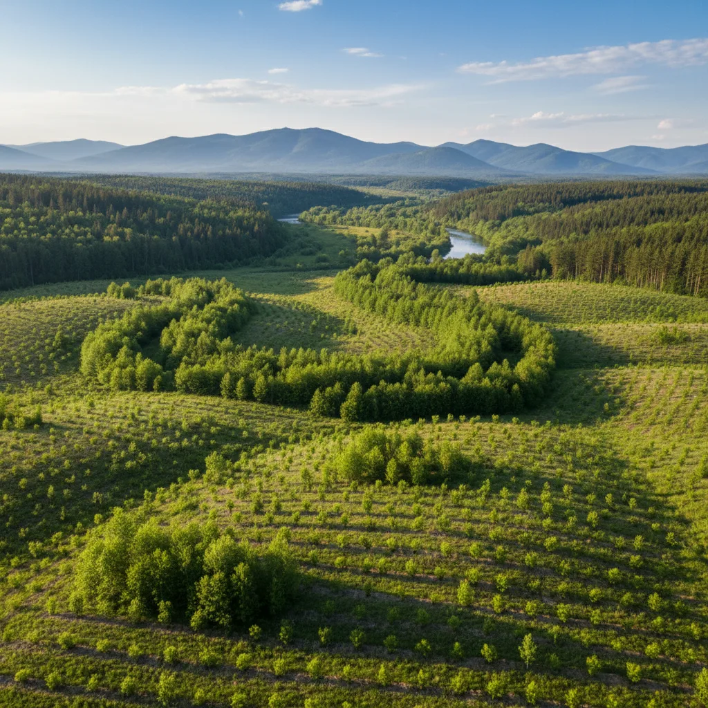 Reforested area with young trees, wildlife corridor for conservation.