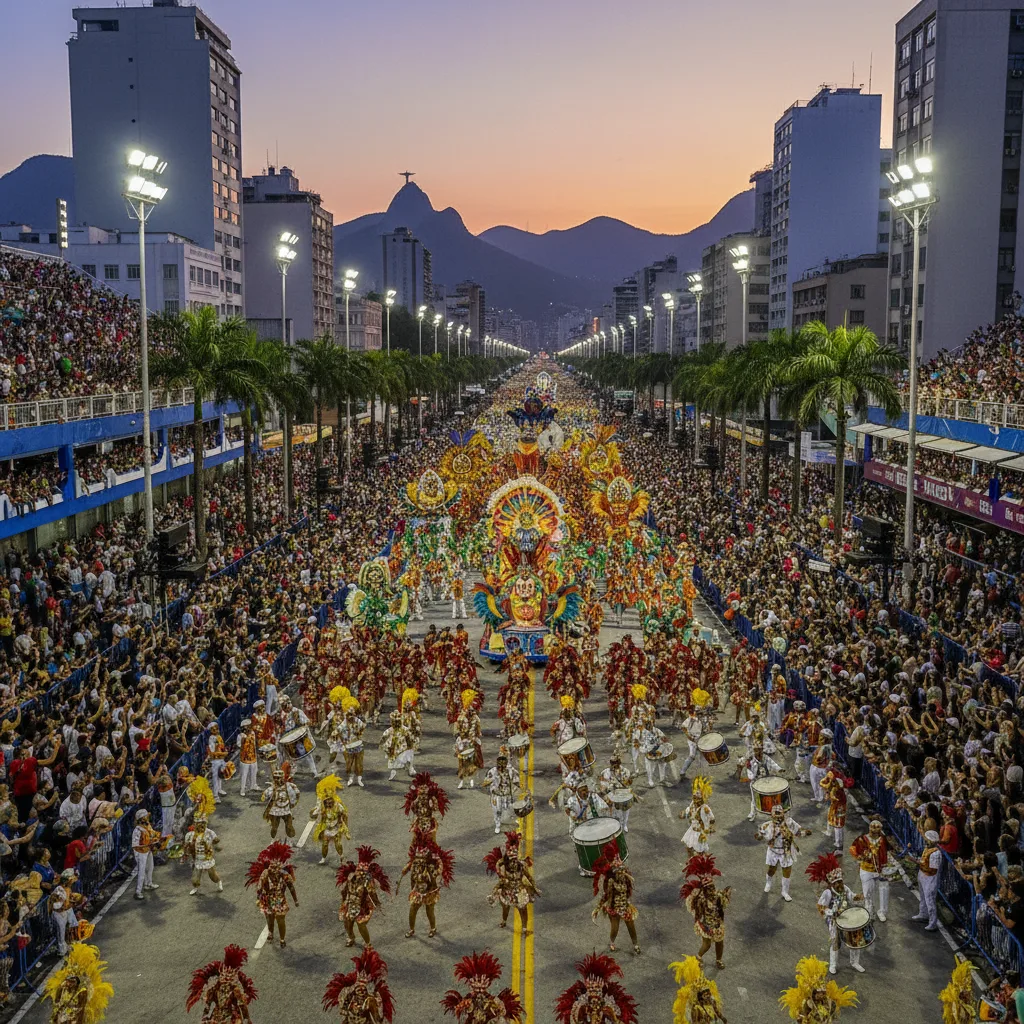 Vibrant Rio Carnival parade with elaborate costumes.