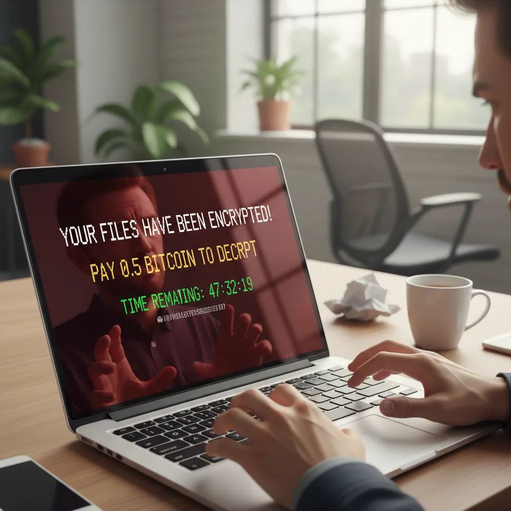 Ransomware attack locks computer, demanding payment.