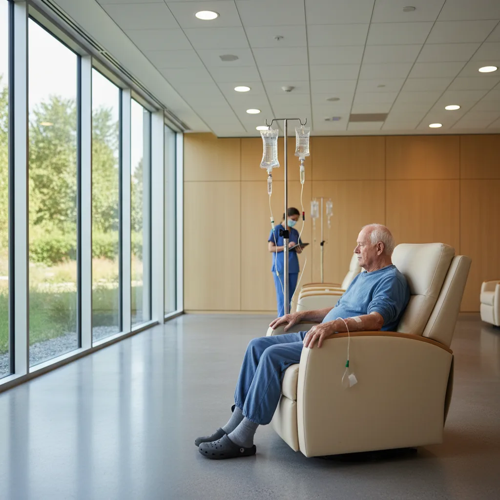 Patient receiving chemotherapy infusion in a modern, calm hospital setting.