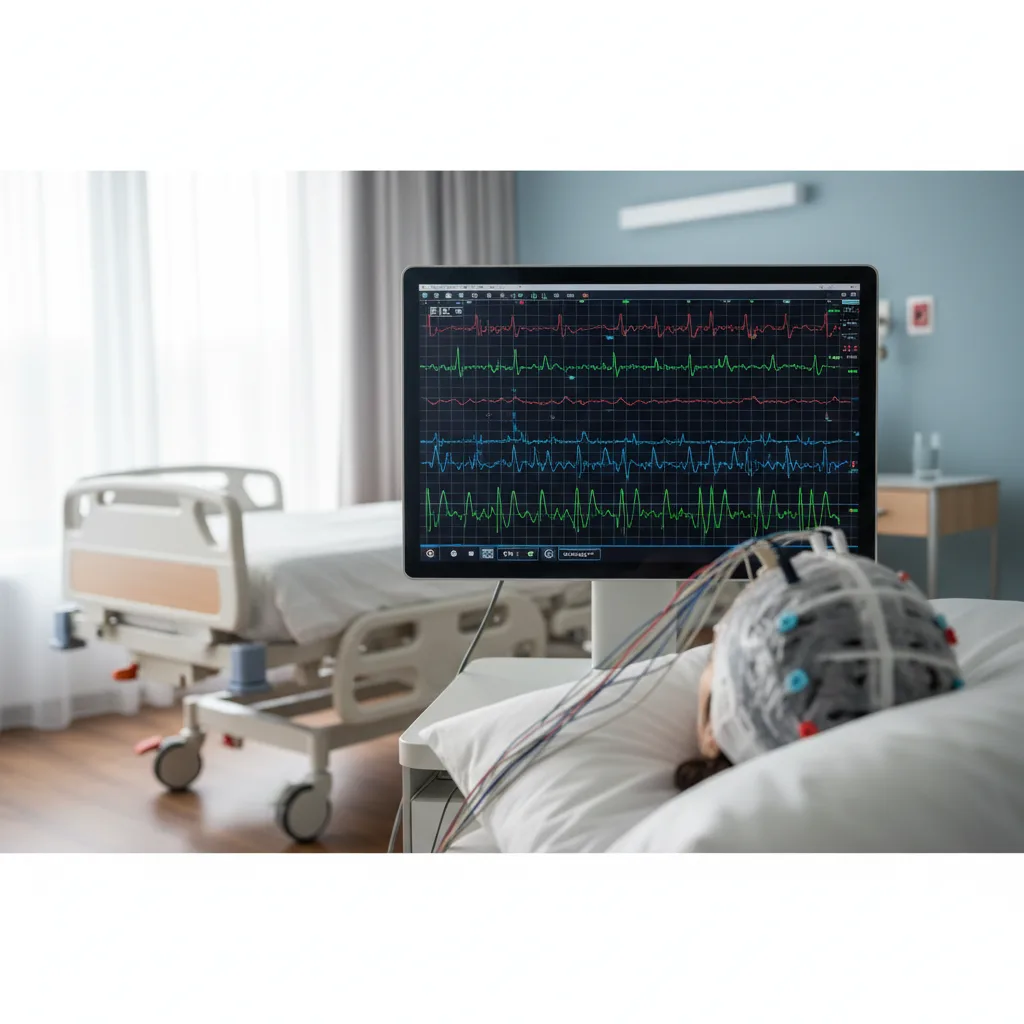 EEG monitoring brain activity in a modern hospital setting.