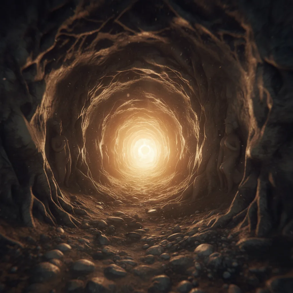 Person experiencing a near-death experience, moving towards light.