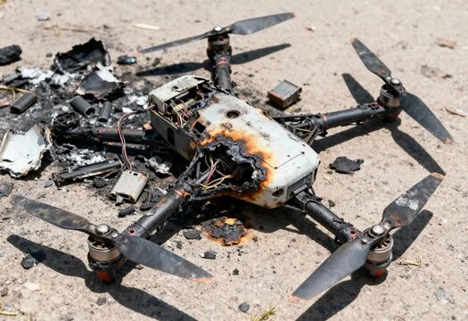 A drone lies damaged after an incident, a stark reminder of the potential physical consequences when