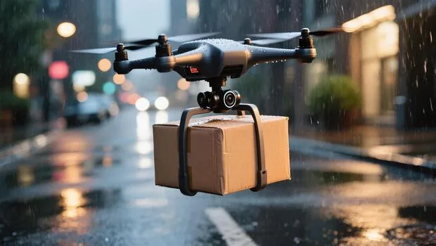 A delivery drone, like those used by companies such as Wing or Zipline, demonstrates its capability 