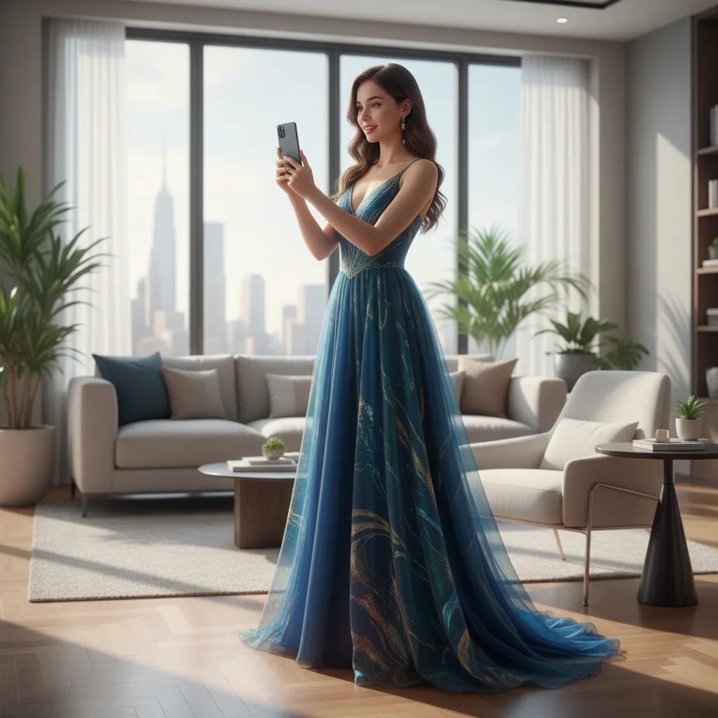 Woman virtually trying on clothes using augmented reality on smartphone.