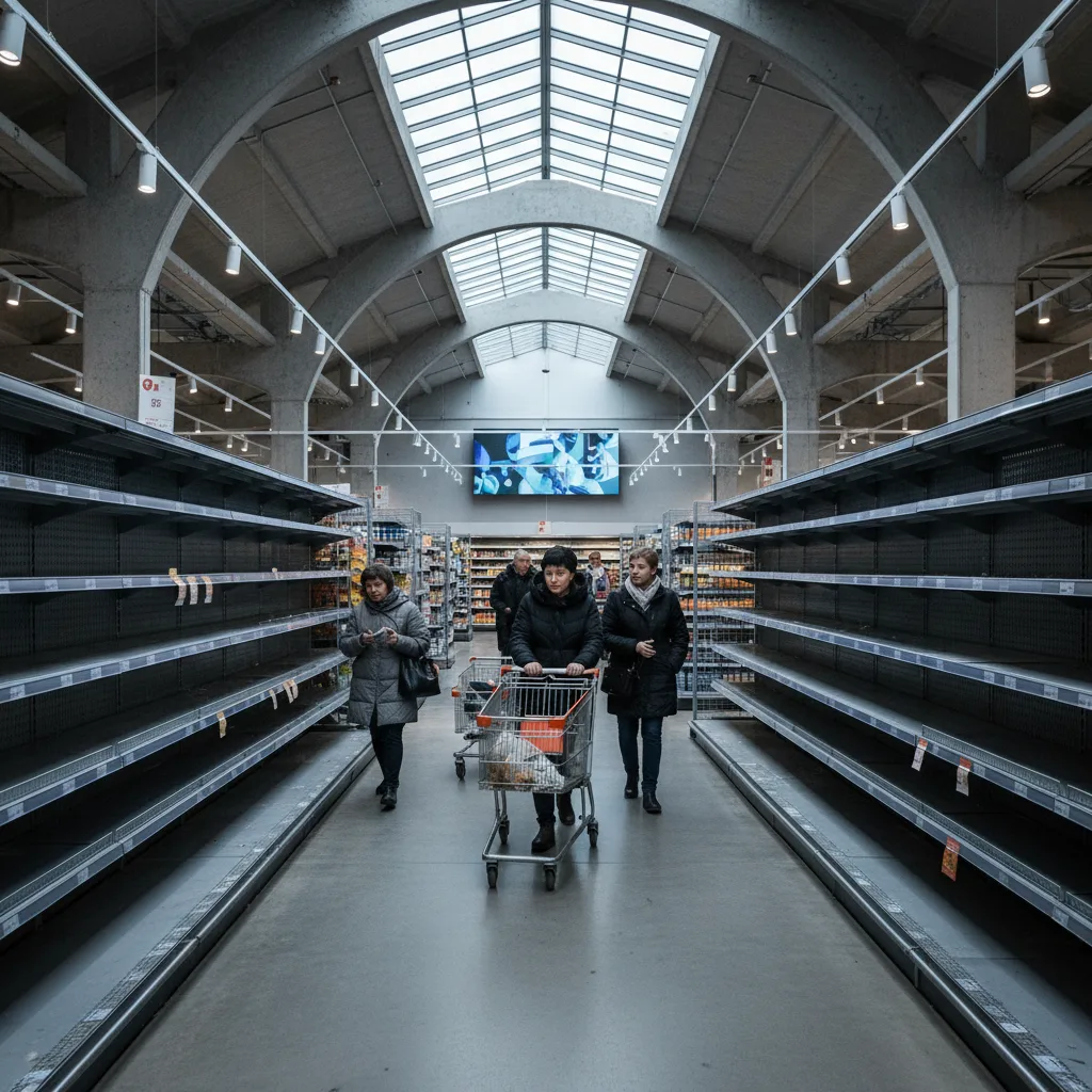 Estantes de supermercado vacíos, reflejando la escasez de suministros y las compras por pánico.