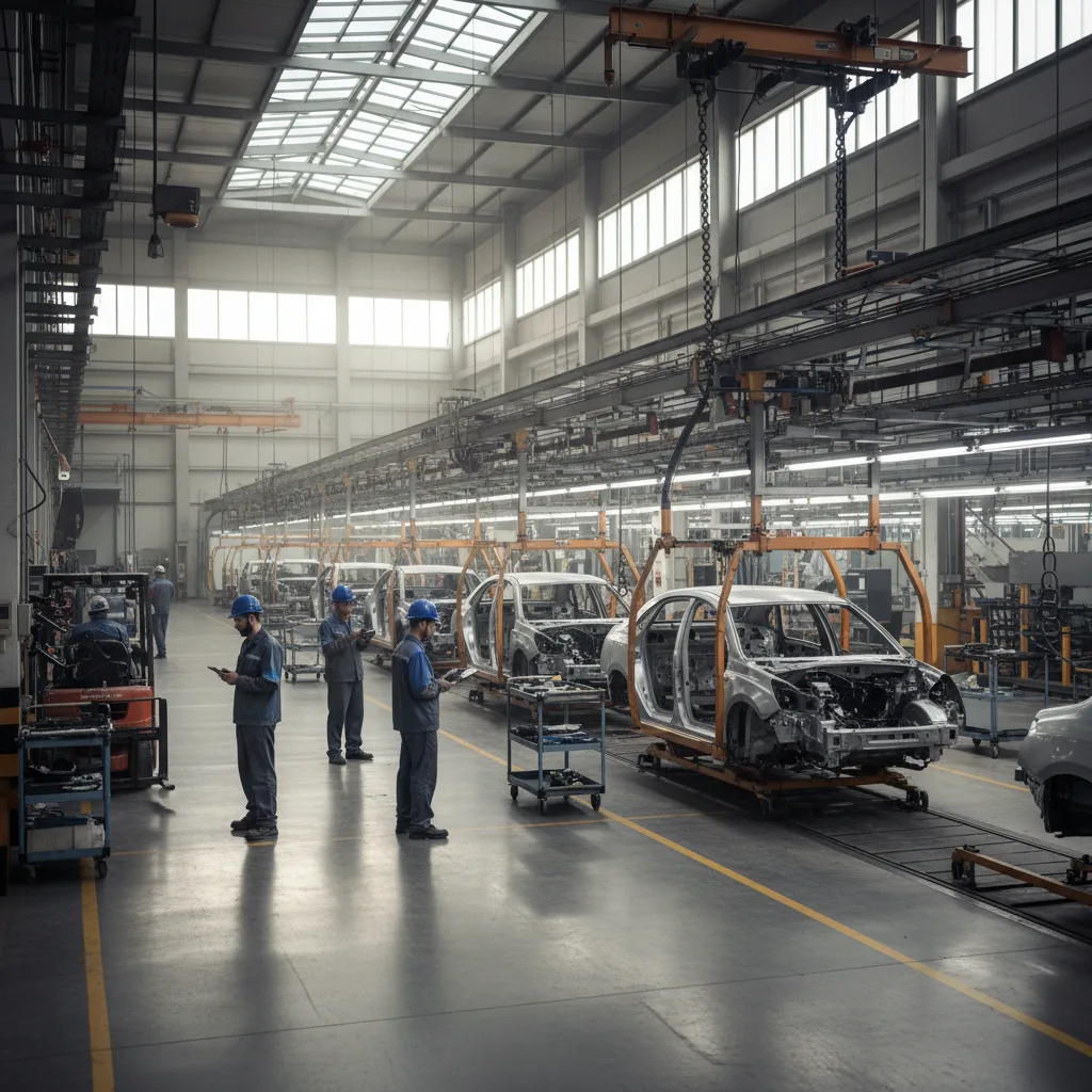 Una línea de montaje de fábrica de automóviles inactiva, mostrando problemas de producción.