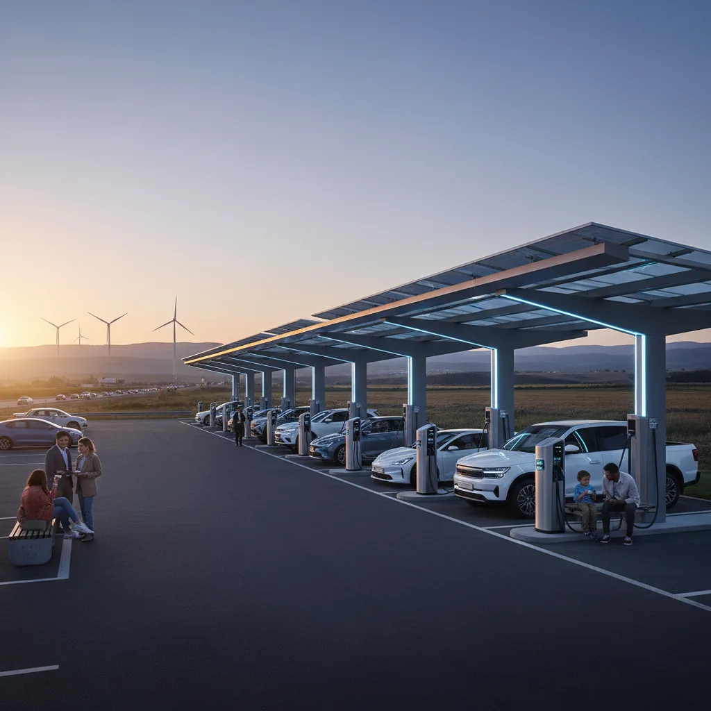 Modern ultra-fast EV charging station with multiple cars, natural lighting.