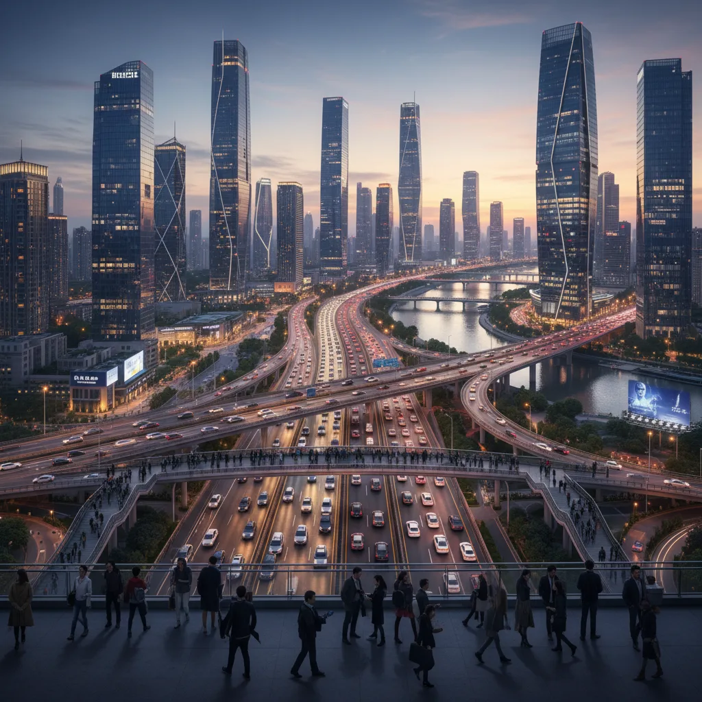 Bustling modern city skyline, symbolizing rapid growth and development.