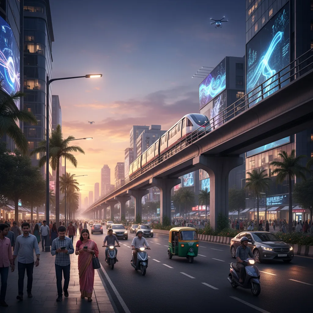 Modern Indian city street, showing technology and infrastructure.