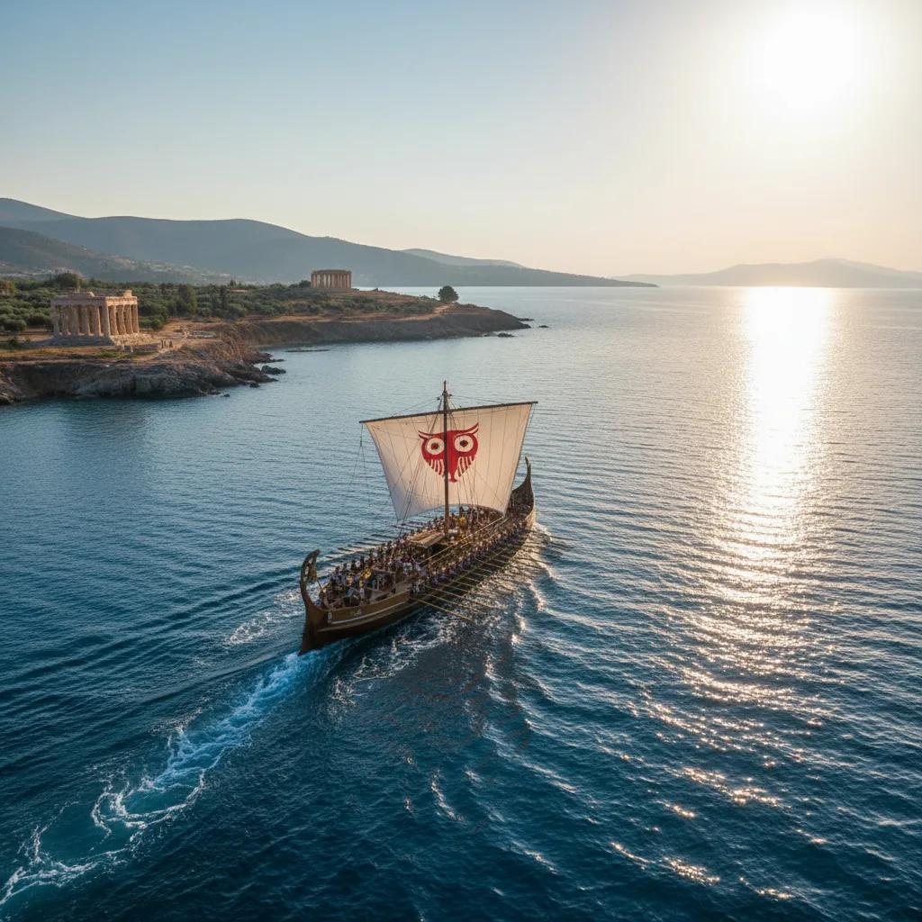 Ancient Greek trireme, sleek warship with bronze ram, cutting through waves.