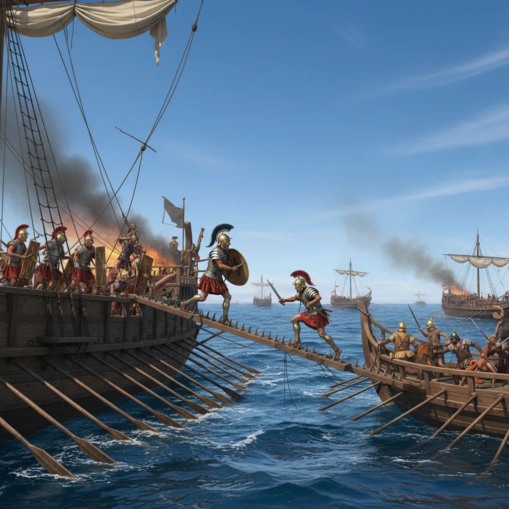 Roman corvus boarding device deployed, connecting two ancient warships in battle.