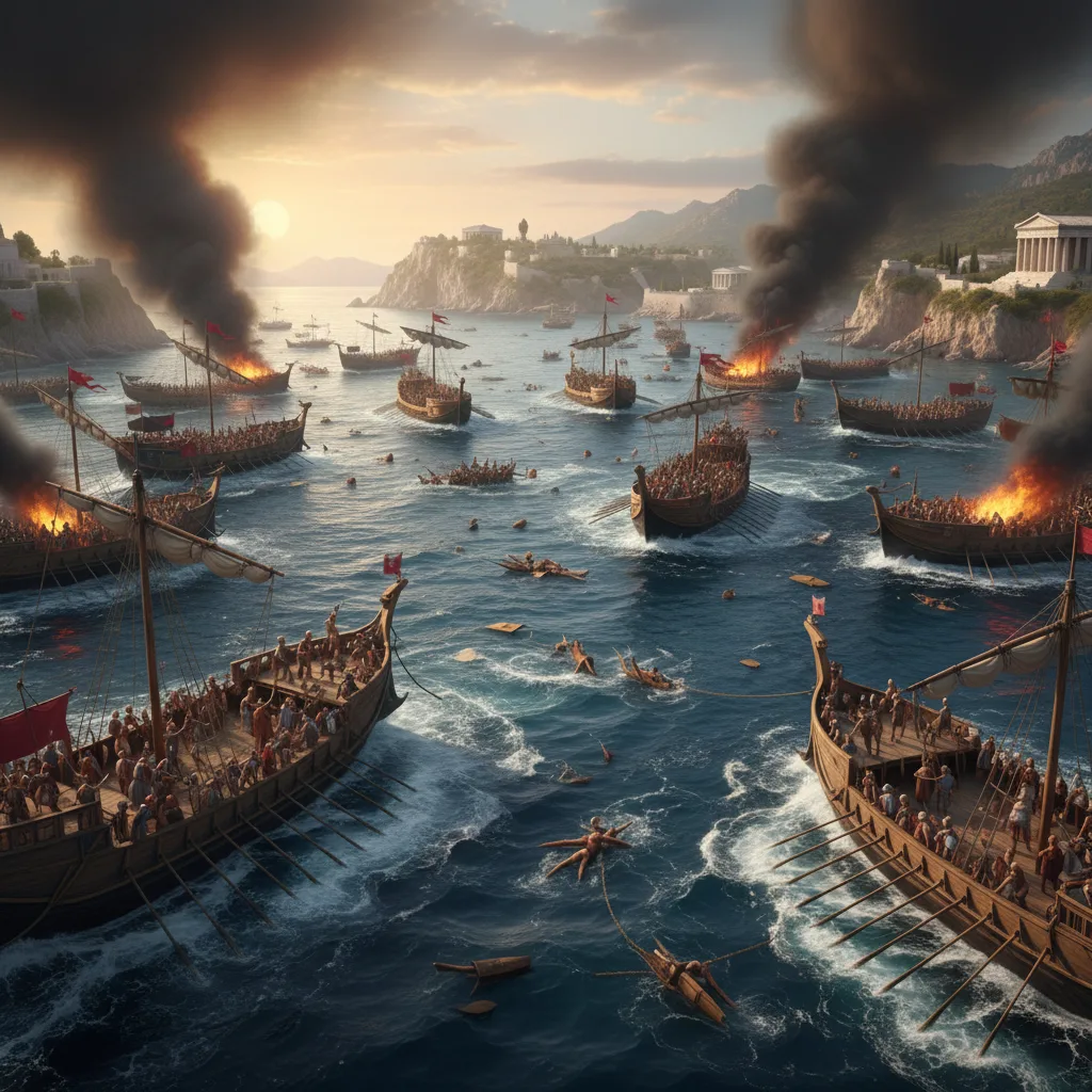 Massive ancient Roman naval battle at Actium, fleets clashing, smoke rising.