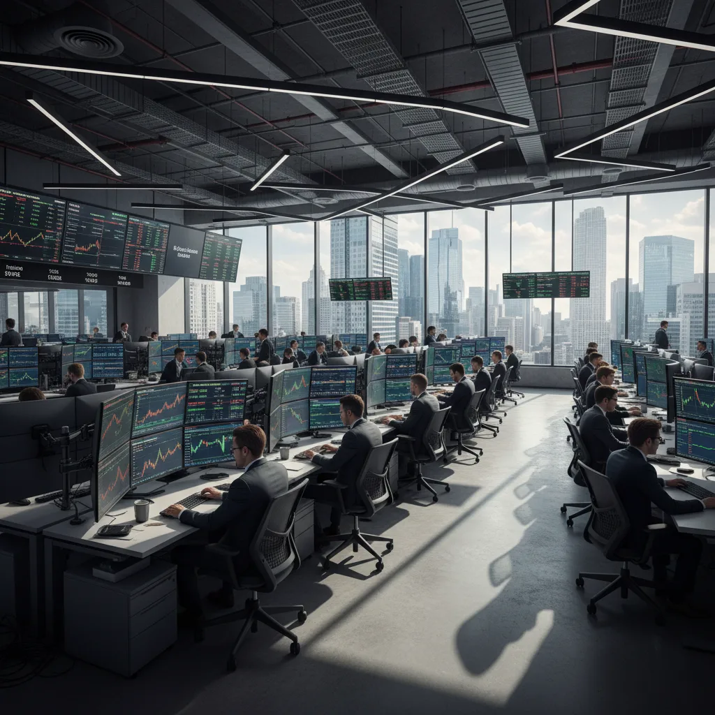 Centre financier mondial avec des traders, des écrans montrant la volatilité du marché.