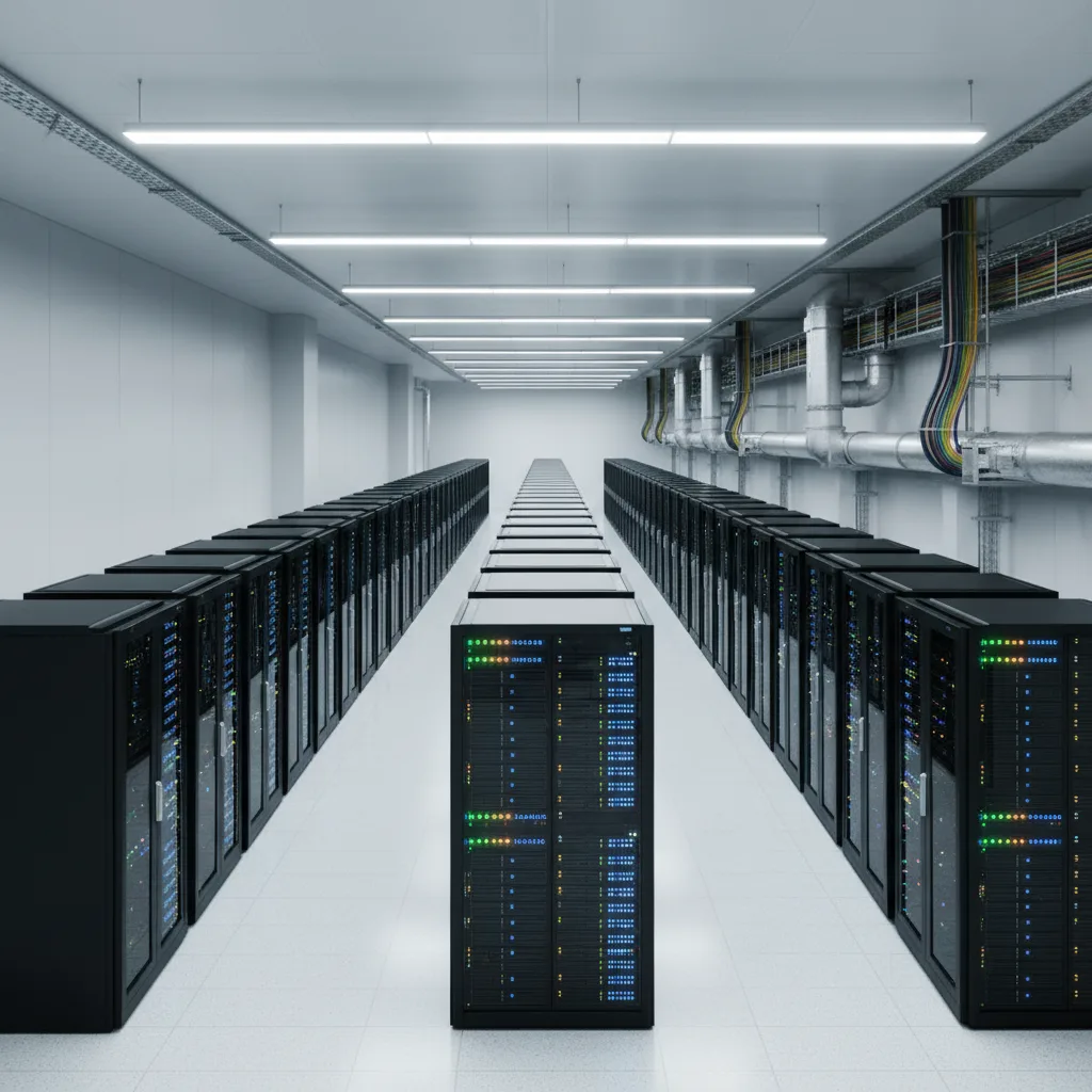 Rangées de serveurs dans un vaste centre de données moderne.