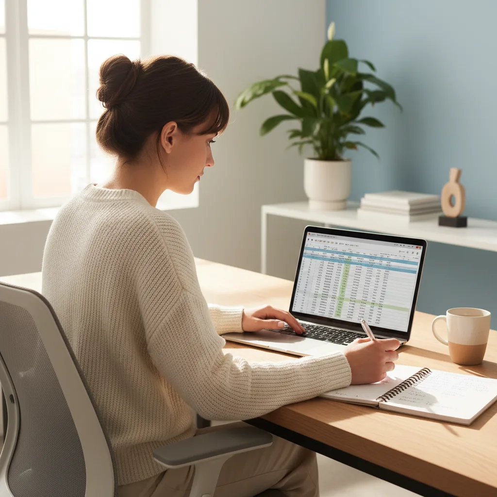 Young woman budgeting finances on laptop, tracking expenses.