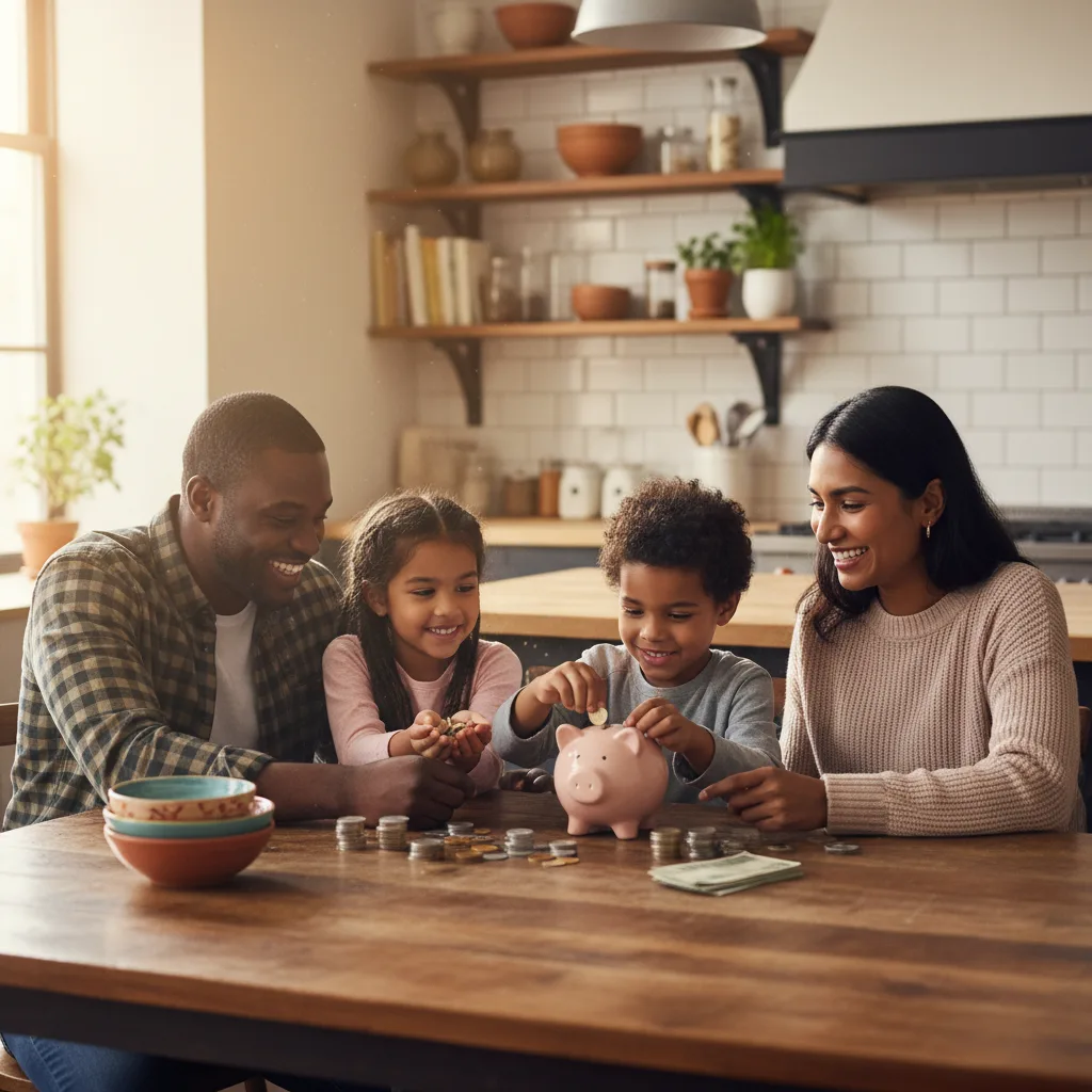 Parents teaching children about saving money with a piggy bank.