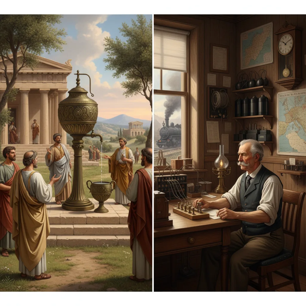 Historical tech: water clock, telegraph, influencing brain theories.