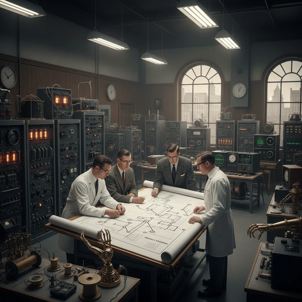 Early cybernetics and AI researchers in a mid-20th century lab.