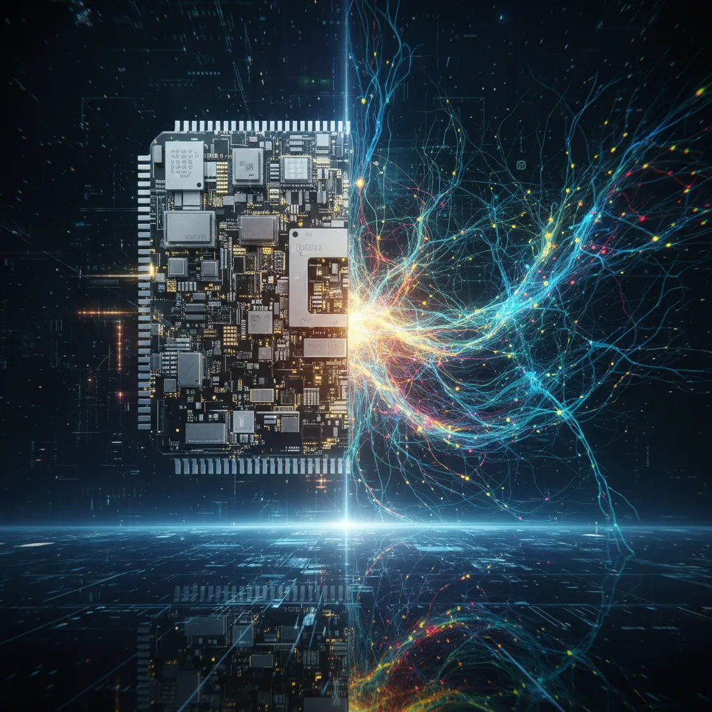 Intricate silicon chip contrasted with complex, organic neural network.