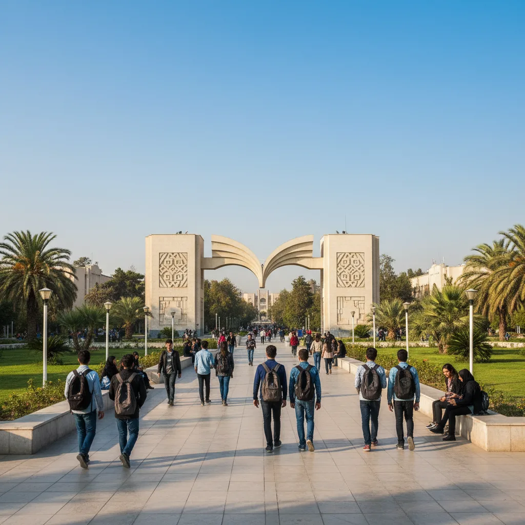 Iconic main entrance of University of Tehran, bustling with students.