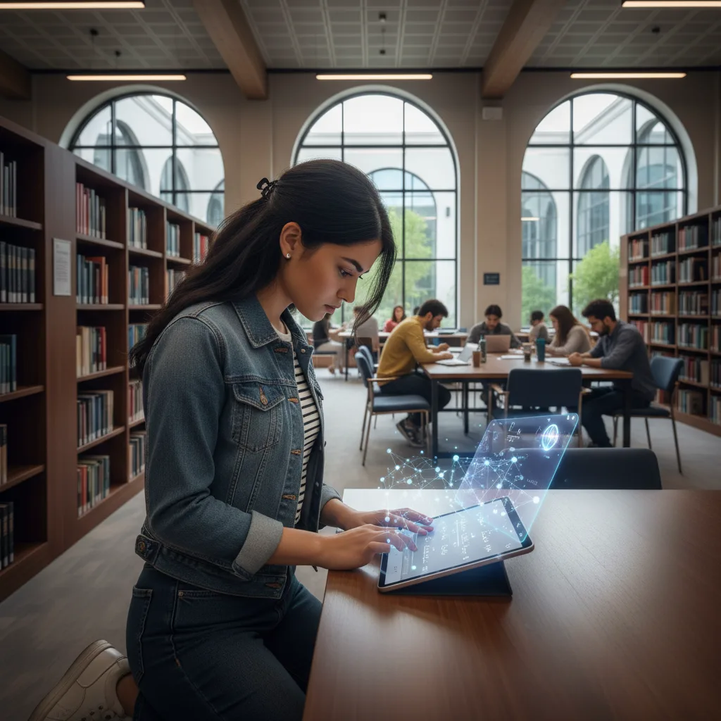 Iranian student learning physics with AI tutor on tablet.