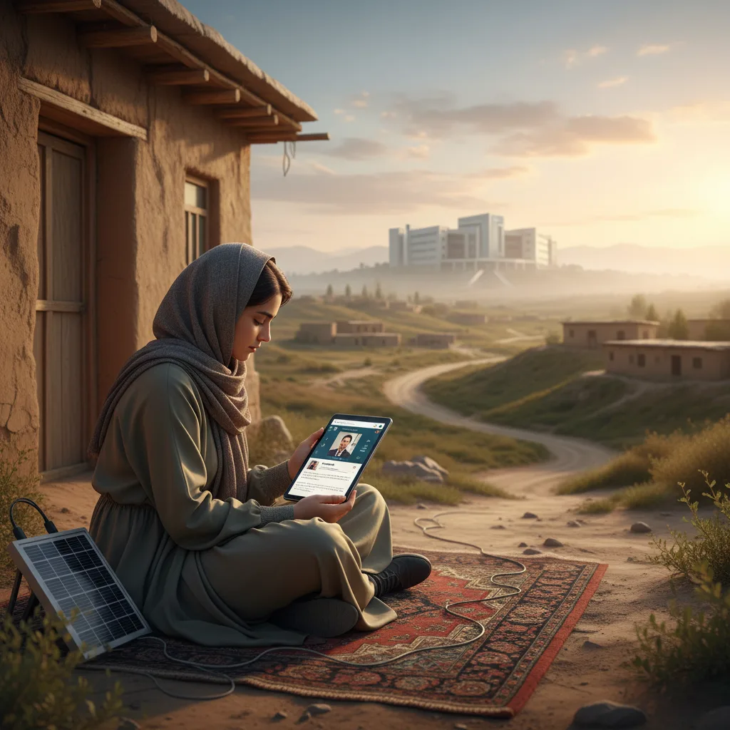 Rural Iranian student using tablet for online university course.