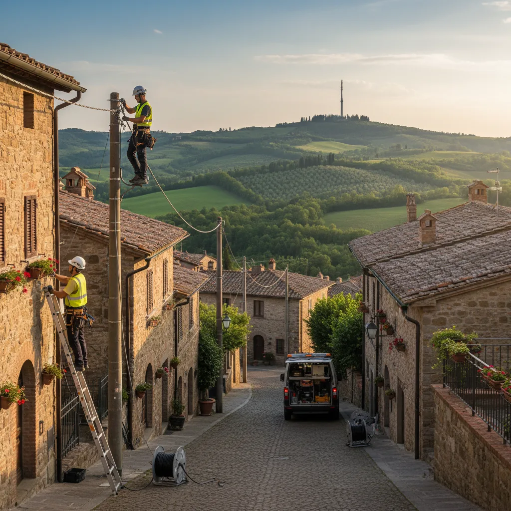 Technicians installing fiber optic cables in a rural Italian town.
