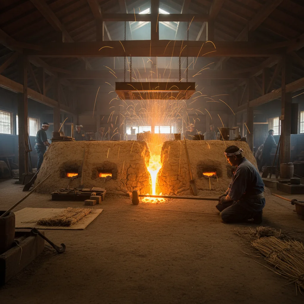Traditional tatara furnace producing tamahagane steel for katana forging.