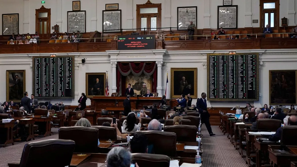 The Texas House of Representatives chamber in Austin, where members voted 121-23 to impeach Attorney