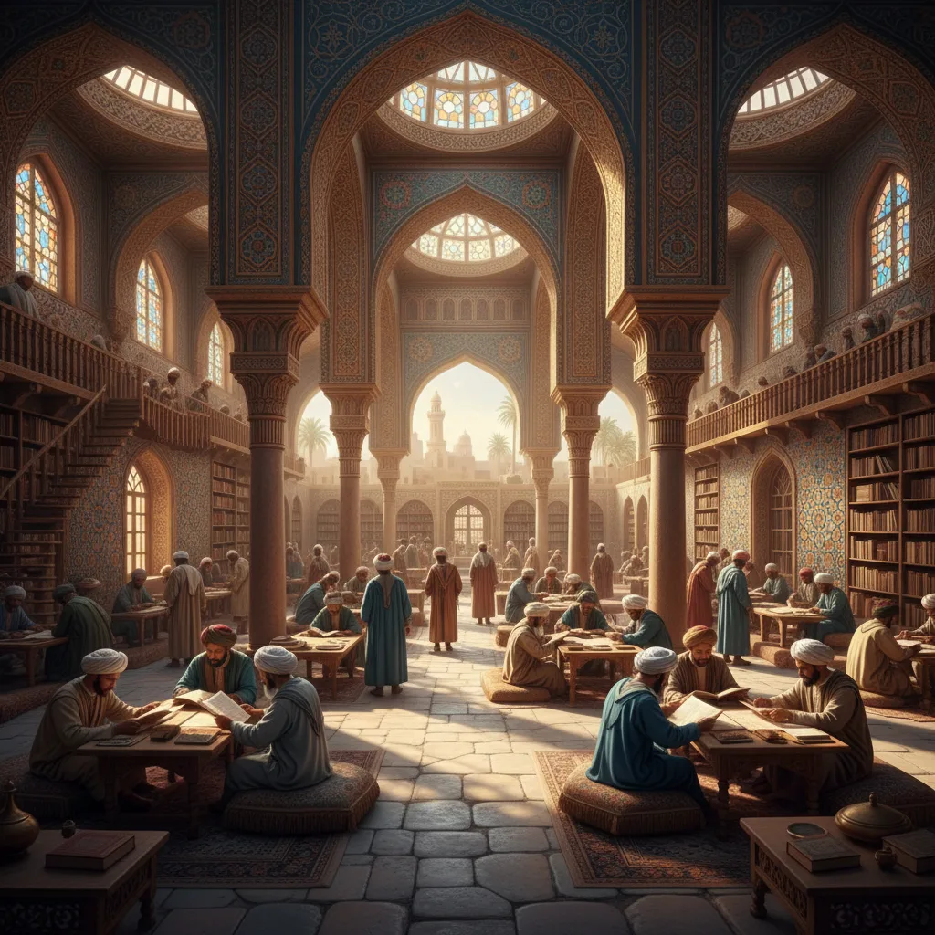 Antichi studiosi islamici che studiano testi antichi in una vivace biblioteca.