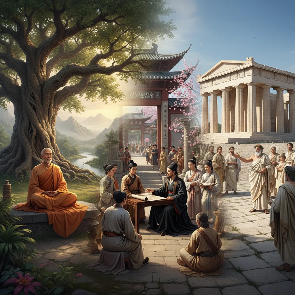 Antichi filosofi di diverse culture che contemplano saggezza e conoscenza.