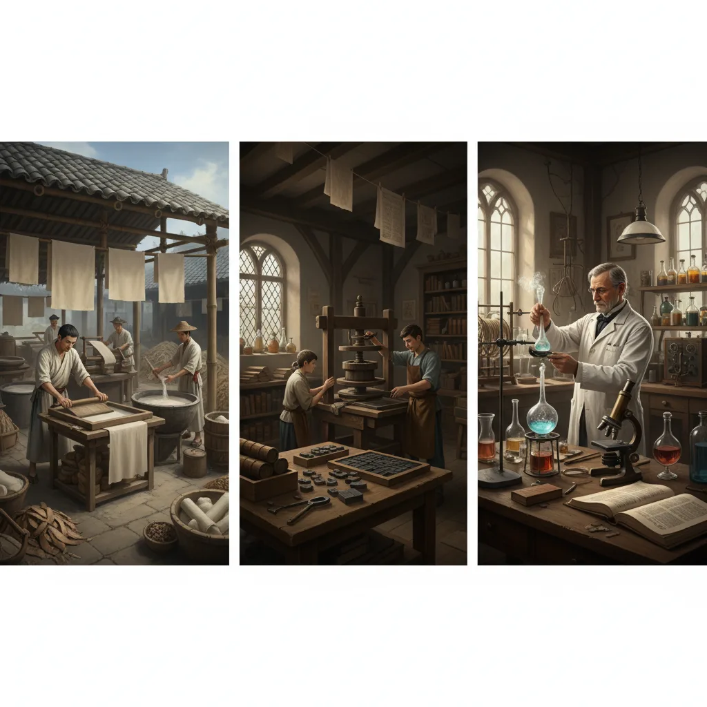 Innovazioni storiche chiave: fabbricazione della carta, stampa e laboratorio scientifico.
