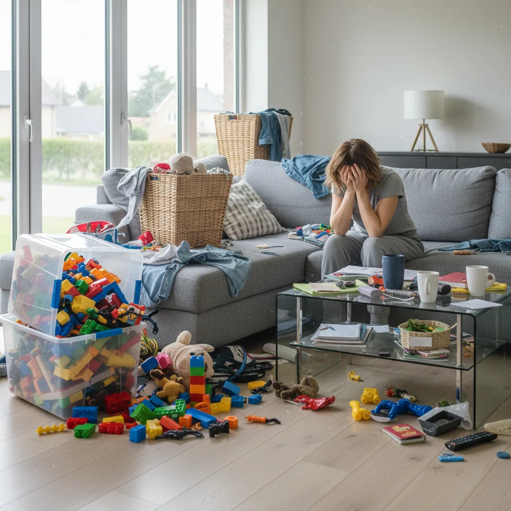 Overwhelmed mother surrounded by toys and household clutter.