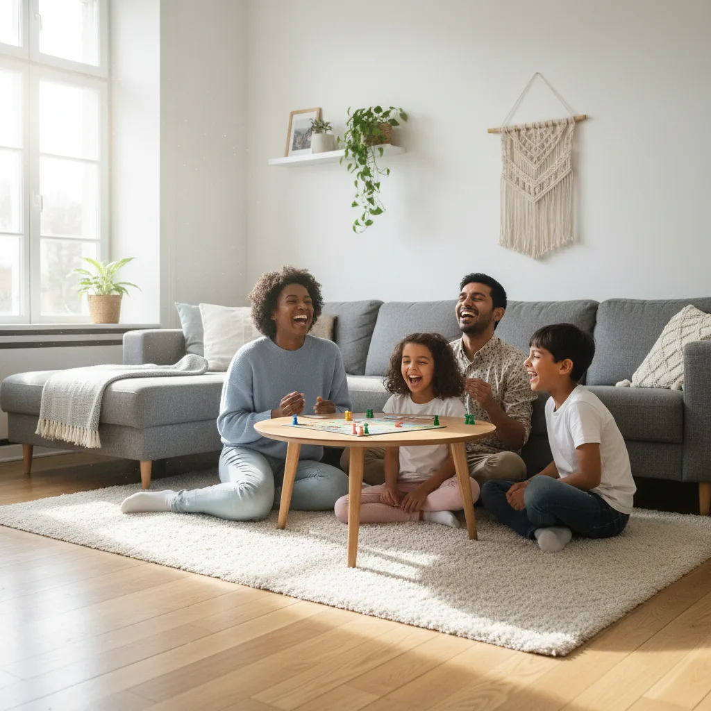 Joyful family connecting in a peaceful, tidy living room.