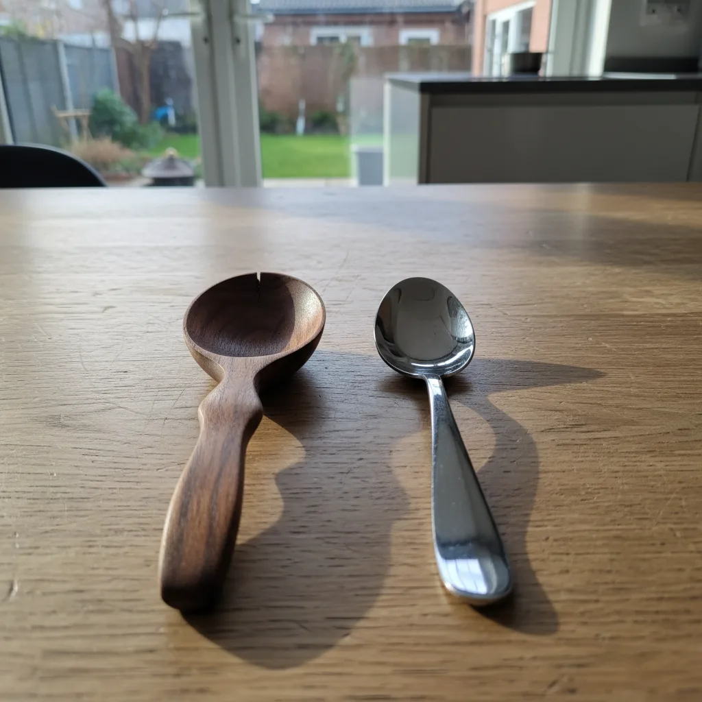 Handmade wooden spoon beside sleek minimalist metal spoon.