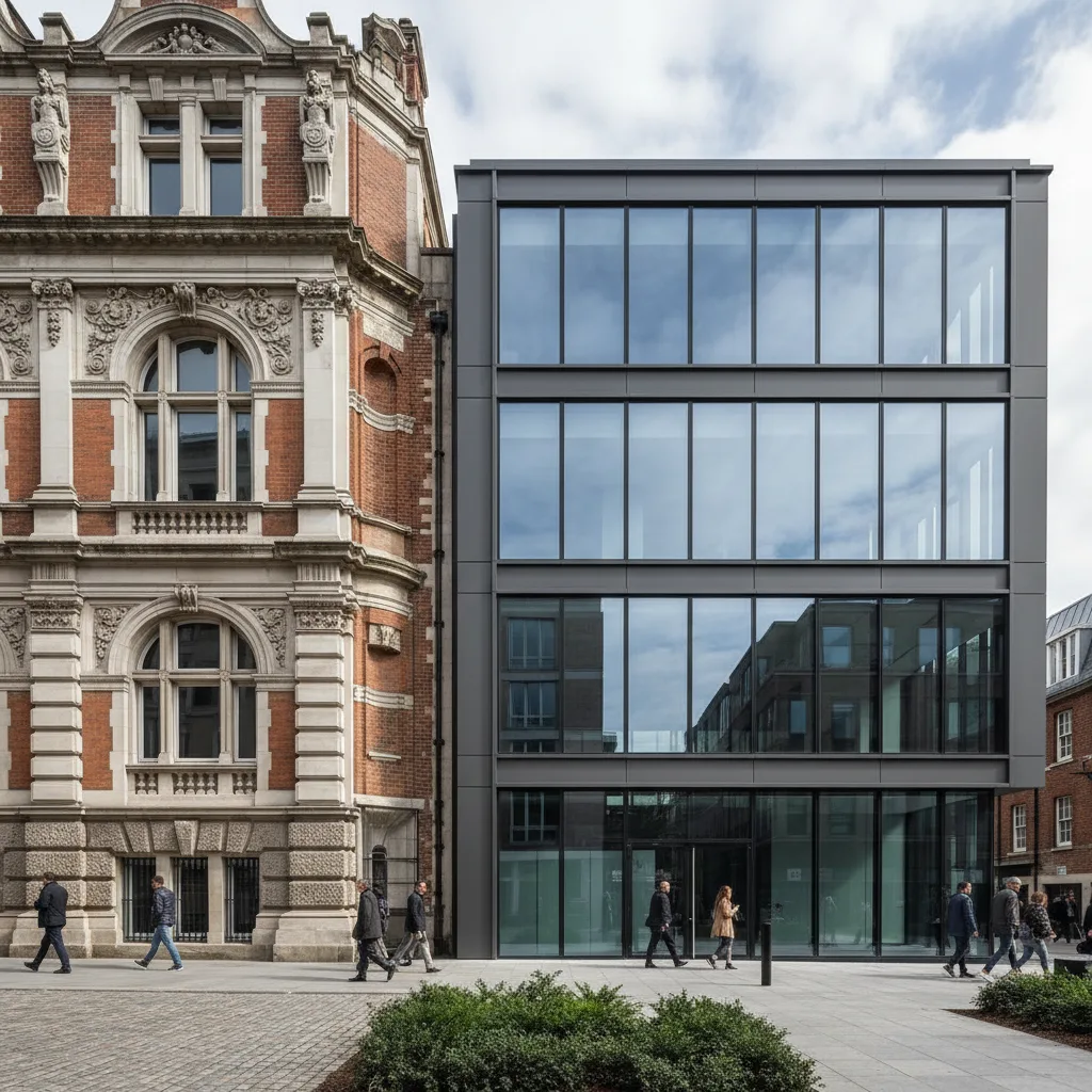 Ornate Victorian facade next to stark minimalist building.