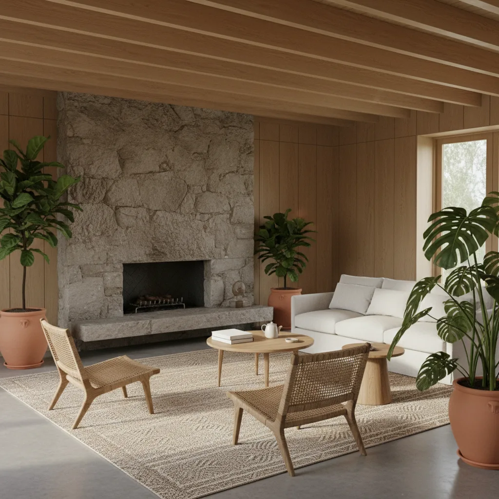 Minimalist living room with rich natural textures.